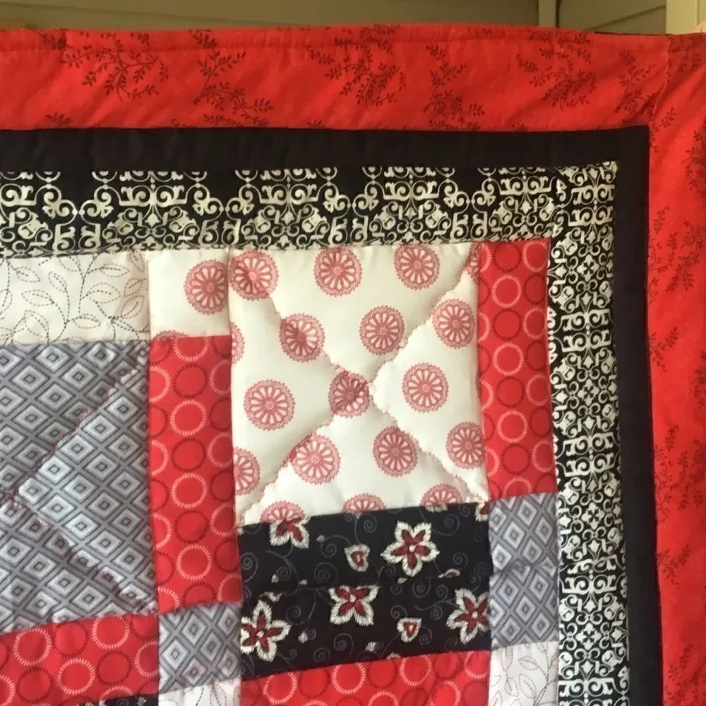 NWT Hand Crafted Red/Black/Grey/White Quilt